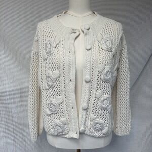 VINTAGE EXPRESS COTTON CARDIGAN SWEATER HANDKNIT CHUNKY KNIT FLORAL S M Crochet
